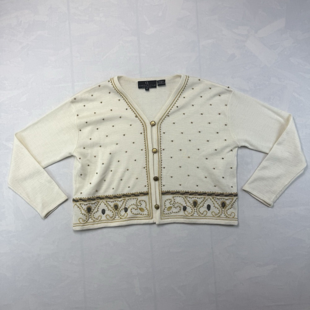 Vintage Carole Little Cardigan Sweater Cream Beaded Wool Blend S